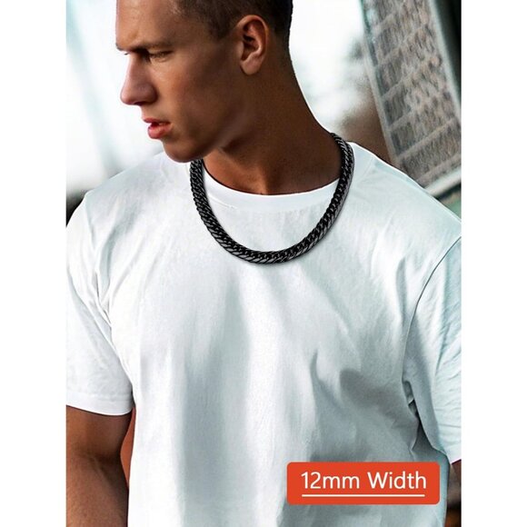 Men's 12mm Black Miami 14K Gold Plated Stainless Steel Cuban Chain Necklaces - Picture 2 of 7